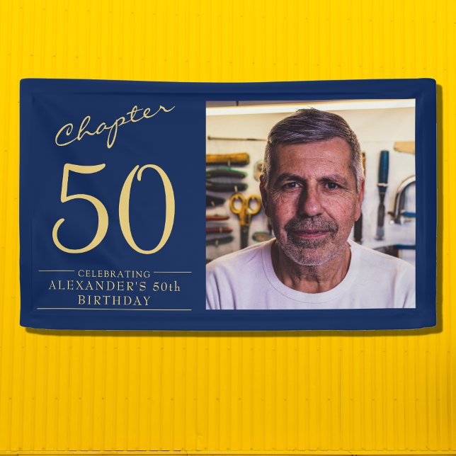50. Geburtstag Blue Gold Foto Banner (Celebrate that 50th birthday in style with your own unique party banner.)