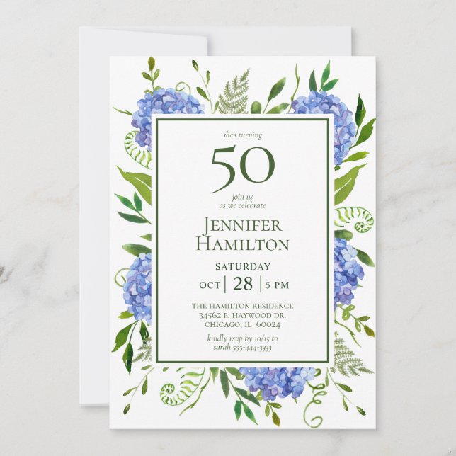 50. Geburtstag Blue Hydrangeas Einladung (Vorderseite)