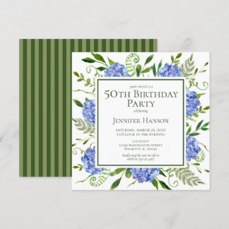 50. Geburtstag Blue Hydrangeas Floral Watercolor Einladung