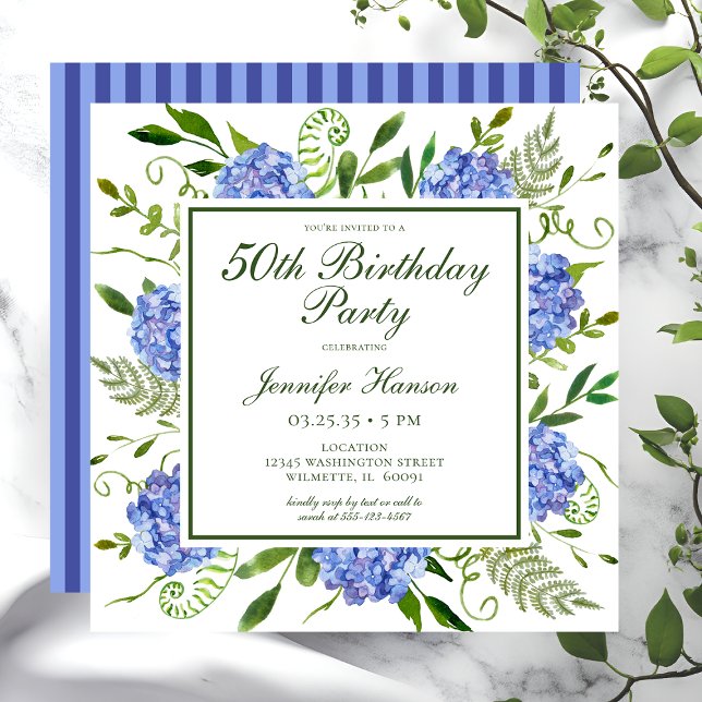 50. Geburtstag Blue Hydrangeas Script Einladung (Von Creator hochgeladen)