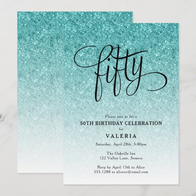 50. Geburtstag Blue Ombre Glitzer Einladung (Vorne/Hinten)