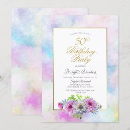 50. Geburtstag Blue Pink Floral Gold Pastel Border Einladung