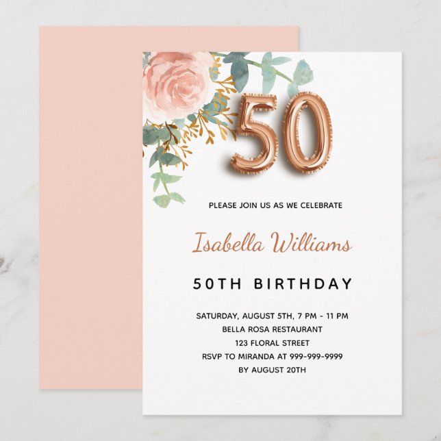 50. Geburtstag Blumenstrauß Rose Goldbarsch Eukaly Einladung (Vorne/Hinten)