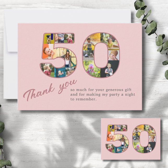50. Geburtstag Blush Pink FotoCollage Vielen Dank Dankeskarte (Blush dusty pink 50th birthday thank you card with photo collage.)