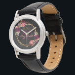 50. Geburtstag Bordeaux Blumen schwarz geometrisch Armbanduhr<br><div class="desc">Ein Geschenk oder Sake für einen 50. Geburtstag. Ein schicker schwarzer Hintergrund mit einem geometrischen Rahmen aus Imitaten. Die Einrichtung ist mit dunklen lila und bordeauxfarbenen Blume, Rose und Boho-Federn geschmückt. Vorlagen für Namen, Alter und Datum. Geburtsdatum oder Geburtsdatum des Party. Der Name wird mit einem handgeschriebenen Stift geschrieben, mit...</div>