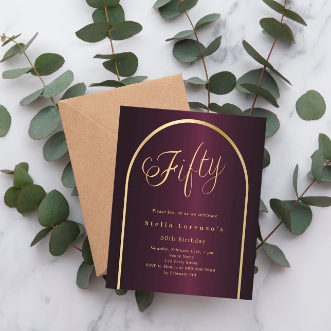 50. Geburtstag bordeauxrote goldene Bogen Einladun (Von Creator hochgeladen)