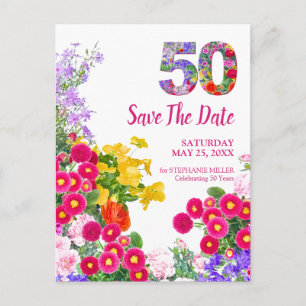 50. Geburtstag Bunte Blumen 50 Save the Date Ankündigungspostkarte