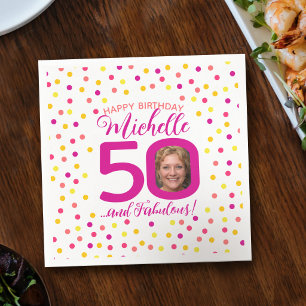 50. Geburtstag buntes pinkfarbenes, gelbes Konfett Serviette