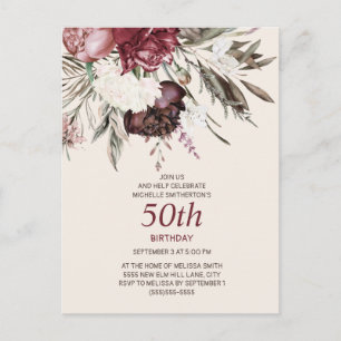 50. Geburtstag Burgund Elfenbeincreme Postkarte