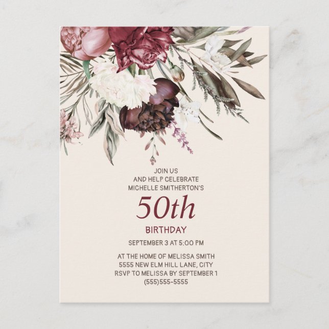 50. Geburtstag Burgund Elfenbeincreme Postkarte (Vorderseite)