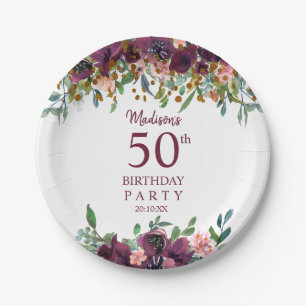 50. Geburtstag Burgund Rosa Floral Glitter Party Pappteller