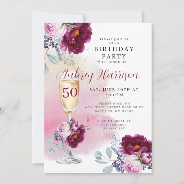 50. Geburtstag Champagner Glass Floral Geburtstag Einladung (Vorderseite)