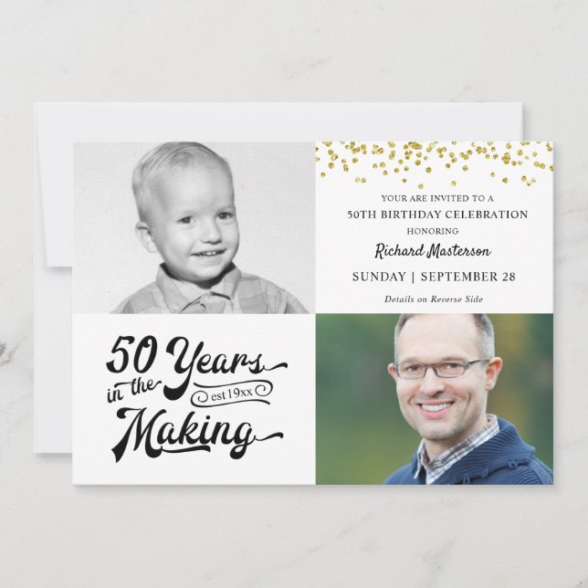 50. Geburtstag Dann & Jetzt Fotos Gold Confetti Einladung (Vorderseite)
