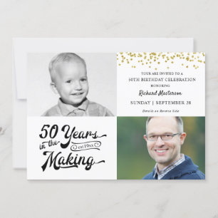 50. Geburtstag Dann & Jetzt Fotos Gold Confetti Einladung