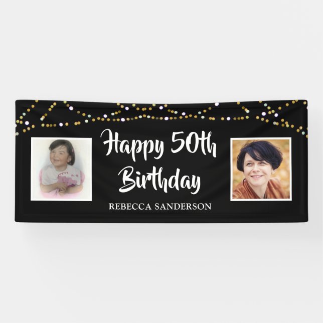 50. Geburtstag Dann & Jetzt Fotos leuchten schwarz Banner (Horizontal)