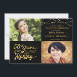 50. Geburtstag Dann & Jetzt Fotos String Lights Einladung<br><div class="desc">Die 50. Geburtstagsfeier in Schwarz und Gold lädt Ihre Gäste mit Streichleuchten in einem Retro-Typografie-Design ein, das 50 JAHRE IN THE MAKING verkörpert und ihr Geburtsjahr in das Design integriert. Beinhaltet DANN und JETZT Fotos für eine lustige Einladung. Party Einladung Details sind auf der Rückseite. FOTO-TIPP: Wählen Sie ein Foto...</div>