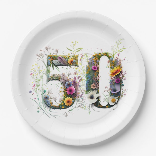 50. Geburtstag Dekorative Wildblume Text Pappteller (Vorderseite)