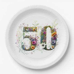 50. Geburtstag Dekorativer Wildblumen-Text Pappteller