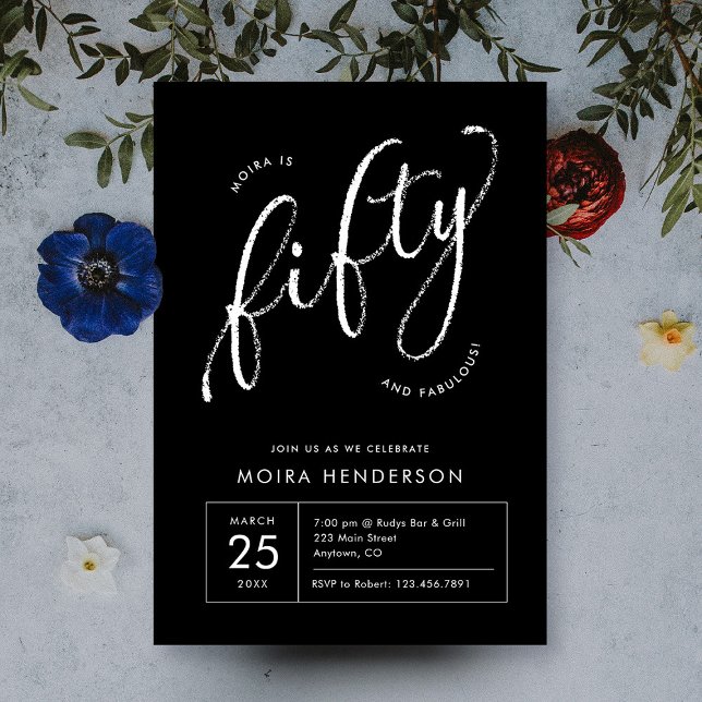 50. Geburtstag des modernen Schwarzen Einladung (fifty and fabulous modern minimal script black and white 50th birthday party invitation)