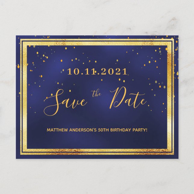 50. Geburtstag dunkelblaues Gold Save the Date Postkarte (Vorderseite)