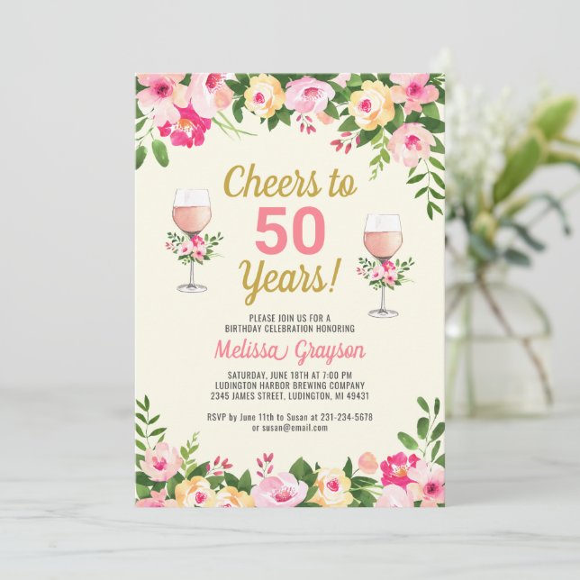 50. Geburtstag Einladung Feminine Floral (Stehend Vorderseite)