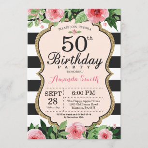 50. Geburtstag Einladung Frauen. Floral Gold Black