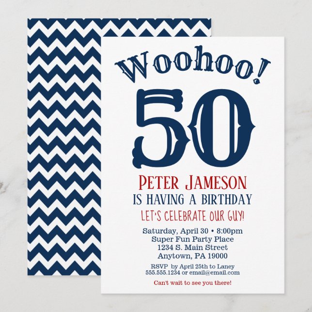 50. Geburtstag Einladung Mens Navy Blue (Vorne/Hinten)