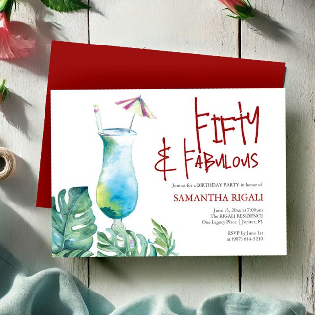 50. Geburtstag Einladung Tropischer Cocktail (50th birthday invitations tropical cocktail and palm leaf watercolor art by Victoria Grigaliunas)