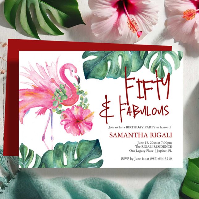 50. Geburtstag Einladung Tropischer Flamingo (Fifty and fabulous birthday invitations tropical watercolor pink flamingo by Victoria Grigaliunas)