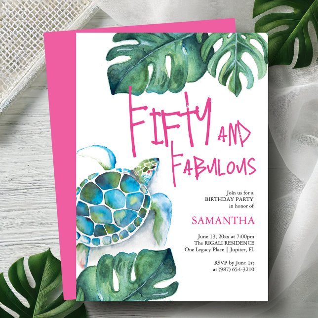 50. Geburtstag Einladungen Aquarellmeerschildkröte (Fiftieth birthday invitations watercolor sea turtle and palm leaf art by Victoria Grigaliunas )