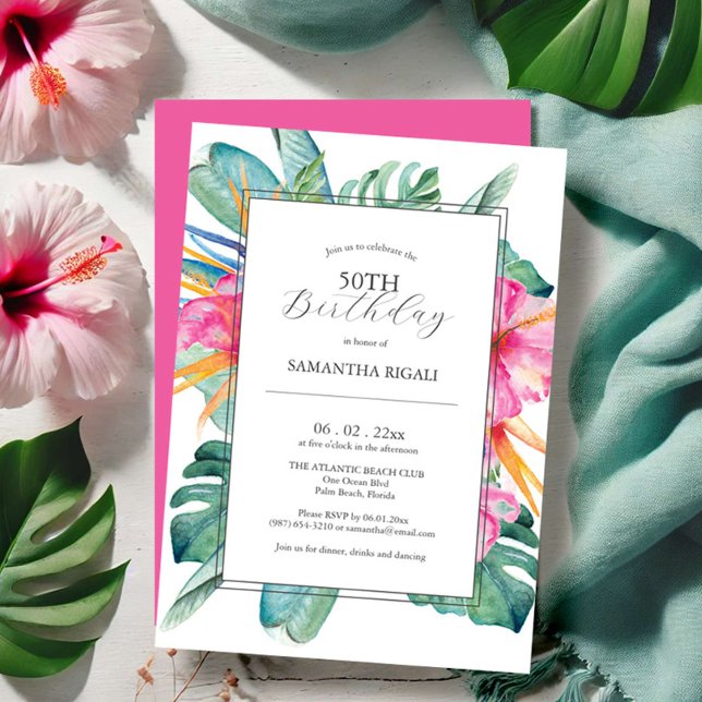 50. Geburtstag Einladungen Tropical (50th birthday invitations luau tropical floral watercolor art Victoria Grigaliunas Do Tell A Belle)