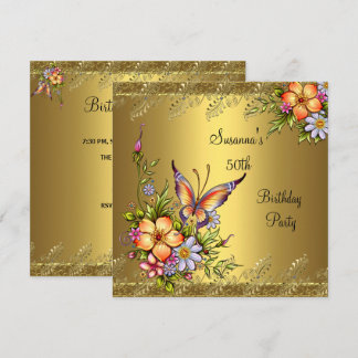 50. Geburtstag Elegant Gold Rosa Gelbe Blumen Einladung