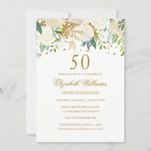 50. Geburtstag Elegant Goldene Blüte Einladung