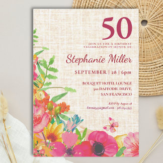 50. Geburtstag Elegant Kühn Florale Leinen Party Einladung