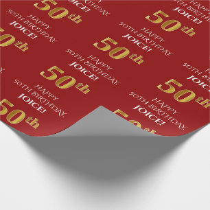 50. Geburtstag: Elegant, rot, Imitat Gold Look Geschenkpapier