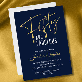 50. Geburtstag Elegant Script Navy und Gold Einladung