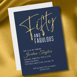 50. Geburtstag Elegant Script Navy und Gold Einladung