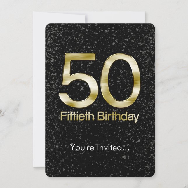 50. Geburtstag, elegantes Black Gold Glam Einladung (Vorderseite)