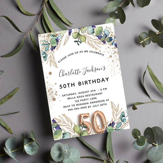 50. Geburtstag Eukalyptusgrün Glitzer elegant Einladungspostkarte (Von Creator hochgeladen)
