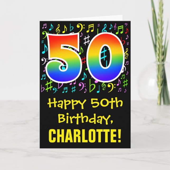 50. Geburtstag: Farbige Musiksymbole + Regenbogen  Karte (Vorderseite)