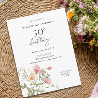 50. Geburtstag Feminine Aquarell Wildblume  Einladungspostkarte
