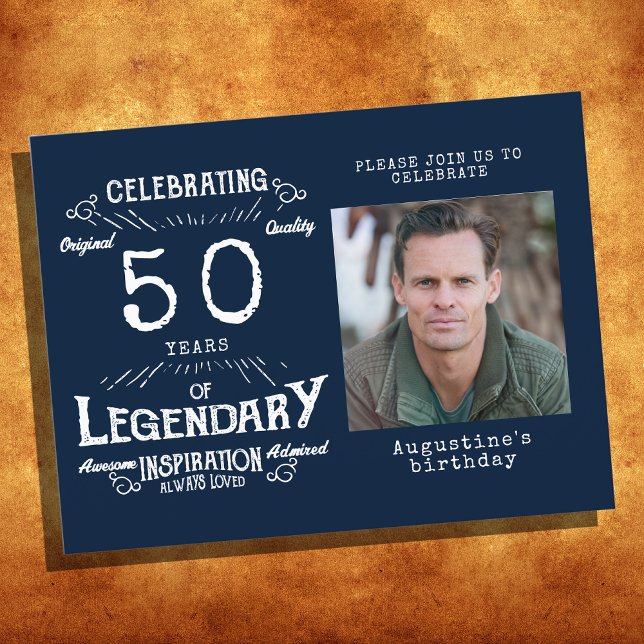 50. Geburtstag Foto Blue Vintag Birthday Invites Postkarte (Von Creator hochgeladen)