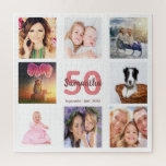 50. Geburtstag Foto Collage Frau weiß<br><div class="desc">Ein Geschenk für den 50. Geburtstag einer Frau,  die ihr Leben mit einer Collage von 8 deiner Fotos feiert. Vorlagen für einen Namen,  50 Jahre und ein Datum. Geburtsdatum oder das Datum des Jahrestages. Korallen- und Bordeaux-Buchstaben. Weißer Hintergrund.</div>