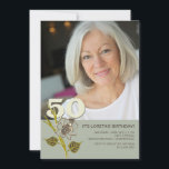 50. Geburtstag Foto Einladung<br><div class="desc">Eine schöne Art, Gäste zu einem Meilenstein Geburtstag einzuladen! Fügen Sie einfach Ihr Lieblings-Foto hinzu, das unter dem Geburtstag gedruckt wird. Eine weiche Rose verziert die Vorderseite und wird im Rücken mit fett abgestimmten Streifen wiederholt. Die Karte ist leicht anzupassen mit Ihrem Wortlaut, Schriftart, Schriftart Farbe und Auswahl von sechs...</div>