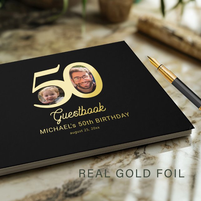50. Geburtstag Foto Name schwarz Gold Gästebuch (Von Creator hochgeladen)