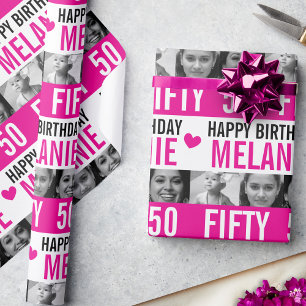 50. Geburtstag Foto rosa Schwarz-weißer Streifen Geschenkpapier