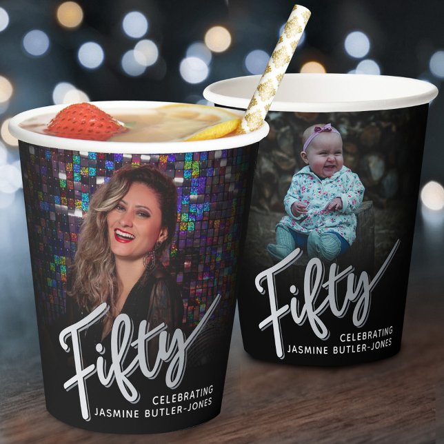 50. Geburtstag Foto-Skript schwarz Silber Pappbecher (Von Creator hochgeladen)