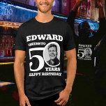 50. Geburtstag Foto und Name Weißtext Tri-Blend Shirt<br><div class="desc">Herzlichen Glückwunsch zum 50. Geburtstag, schwarzer Text, Name und Foto T - Shirt. Spaß 50. personalisiert Foto T - Shirt in fett weißem Text Design. Personalisieren Sie dieses Shirt mit einem Foto der Geburtstagsperson in der Mitte der Zahl 0. Eine tolle Idee, um einen Meilenstein der 50. Geburtstagsfeier mit Spaß...</div>