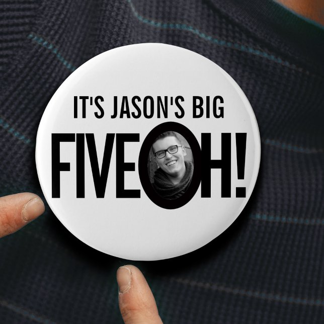 50. Geburtstag Fünf-oh-Foto Schwarz-weiß Button (Von Creator hochgeladen)