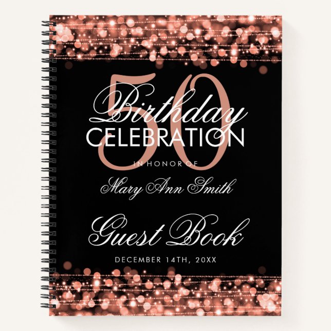50. Geburtstag Gästebuch Party Glitzern Rose Gold Notizbuch (Vorderseite)